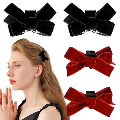 4 PCS Mini Velvet Bow Hair Claw Clip Black Bow Hair Clips Small Velvet Silky Satin Bowknot Hair Claw Clip Bowknot Hair Claw Clip Bows Hair Barrettes Nonslip Cute Hair Accessories for Women Girls