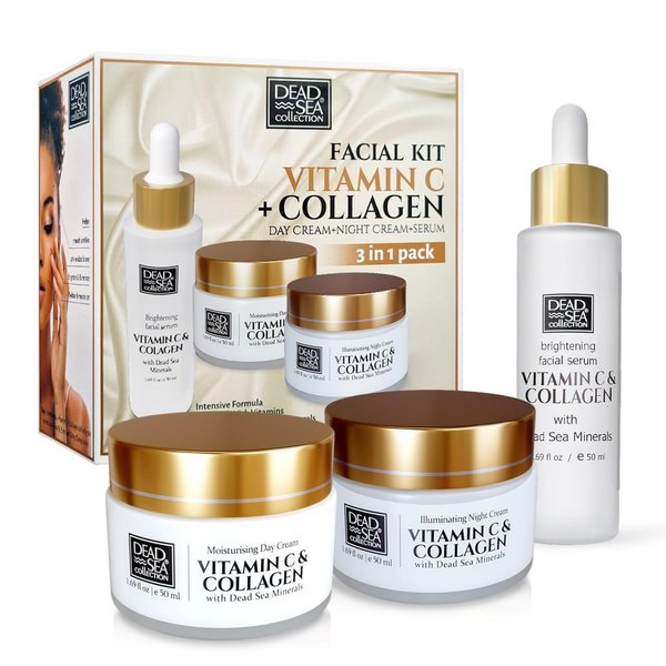 Dead Sea Collection Facial Kit - Day and Night Creams & Facial Serum with Vitamin C & Collagen - Anti-Aging and Anti-Wrinkle