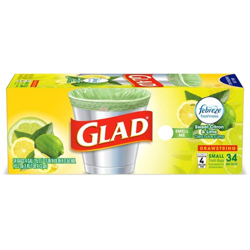 Glad Trash Bags, OdorShield Small Drawstring Garbage Bags - Febreze Sweet Citron & Lime - 4 Gallon