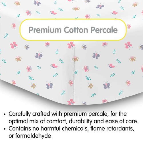 BreathableBaby Cotton Percale Fitted Sheet, for 52" x 28"/132 x 71 cm Crib & Toddler Bed Mattress, Butterflies (2-Pack)