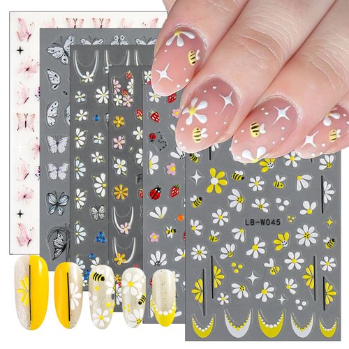 6 Sheets Flower Nail Art Stickers Decals, 3D Butterfly Nail Stickers for Nail Art, Colorful Flowers Bee Butterflies Nail Art Supplies Self-Adhesive Nail Decals for Women DIY Nails Designs Decoration