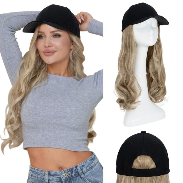 Hairro Baseball Cap with Hair Extensions Synthetic Hair Wig Baseball Hat with Hair Attached Adjustable Wave Hairpiece With Baseball Hat Cap Wig for Women #16P613 sandy blonde mix bleach blonde