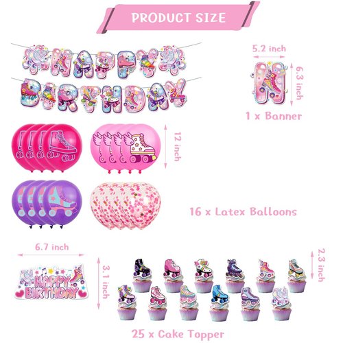 Inline Skates Rainbow Party Decorations, Neon Glitter Roller Skate Happy Birthday Banner , Balloons, Cake Toppers，for Roller Skater Themed Birthday Party Supplies