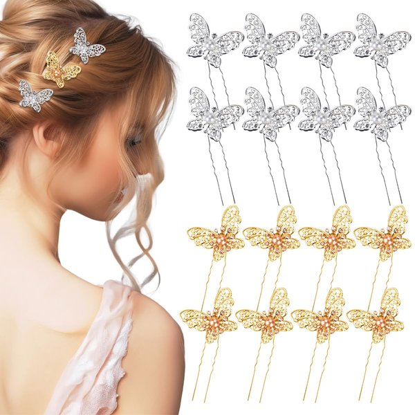 16Pcs Butterfly Wedding Hair Pins, FHDUSRYO Shiny Bridal Hair Clips, Crystal Pearl Butterfly Hairpin, U Shaped Rhinestone Hair Barrettes, Wedding Hair Accessories for Women, Girls, Party (Gold)