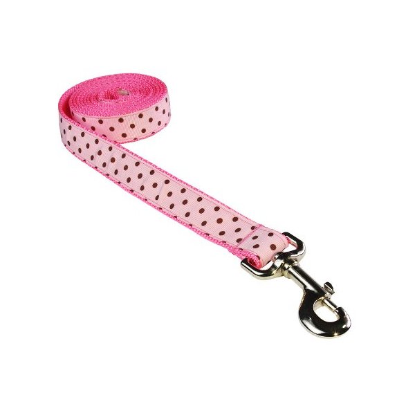 Medium Pink/Brown Polka Dot Dog Leash: 3/4" Wide, 6ft Length - Made in USA.