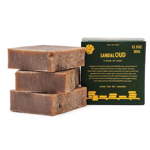 Iron Lion Soap - SandalOUD Organic Soap Bar - Made in USA - Plant Based, Vegan, Cold Process Handmade Soap - Moisturizing Bath Soaps for All Skin Types - (3 Pack)