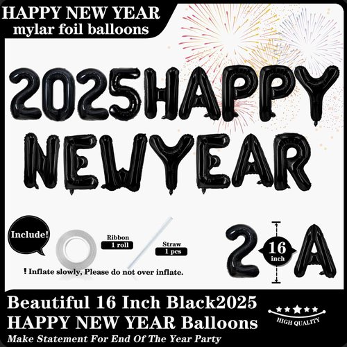 16 Inch Black 2025 Happy New Year Balloons, Big 2025 Happy New Year Letter Balloons Foil Black Balloon for 2025 Happy New Year Eve Celebration Decorations Party Supplies New Years 2025 Balloons Black