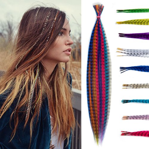 SARLA Synthetic Feather Hair Extensions Kit 16 Inch 50 Pcs I-tip Hair Feathers for Girls Women 10 Mixed Colors with Plier Hook Beads Heat Friendly Fiber