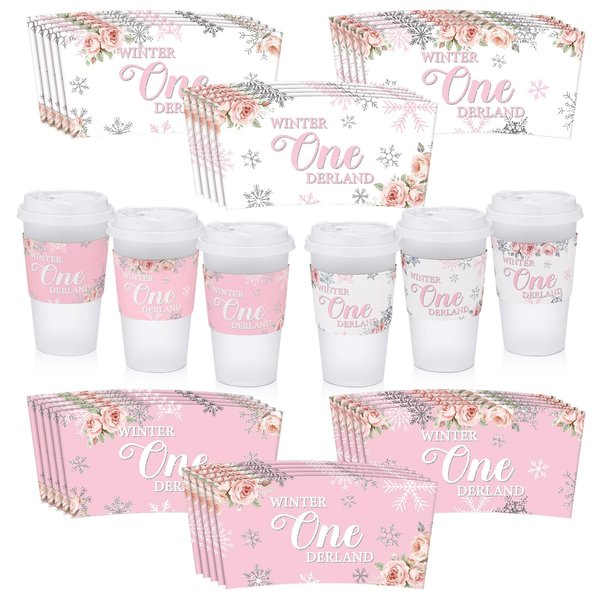 Lincia 30 Pcs Winter Onederland 1st Birthday Girl Pink Coffee Cup Sleeves Disposable Winter Onederland Birthday Decorations Party Supplies Winter Onederland Baby Shower Decoration for Girl