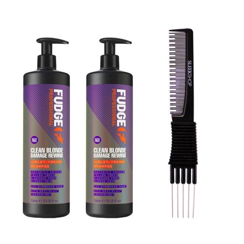 yper Fudge Clean Blonde Damage Rewind Violet Toning Shampoo (33.8 oz) with Teasing Comb Pack of 2