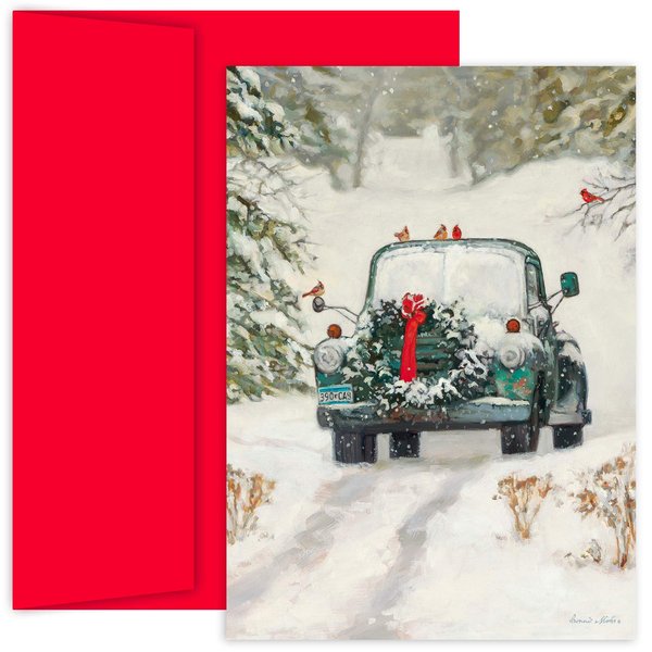Masterpiece Studios Hollyville 16-Count Boxed Christmas Cards & Envelopes in Keepsake Box, 7.8" x 5.6", Classic Car for Holidays (914100)
