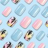 Summer Press on Nails Short Square Coconut Tress Fake Nails Fresh Summer Tropical Rainforest Beach Designs Acrylic False Nails Glossy Pink Blue Color Glue on Nails for Women Girls