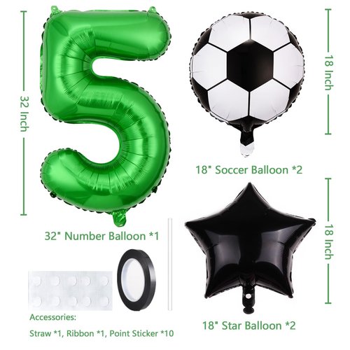 Soccer Balloons 5th Birthday Decorations for Boys, Soccer Birthday Party Supplies World Cup Soccer Sports Theme Party Decorations Supplies Favors Anniversary Decor 32inch Foil Green 5 Balloon