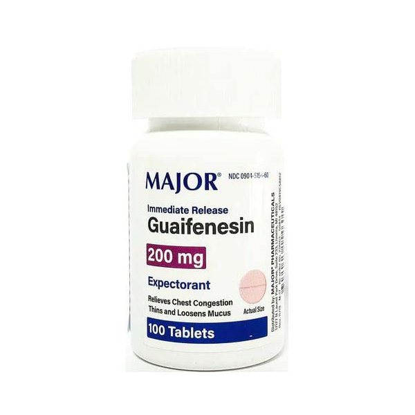 Major Pharmaceuticals Guaifenesin 200mg, Expectorant Round Dark Pink Tablets, 100 Count