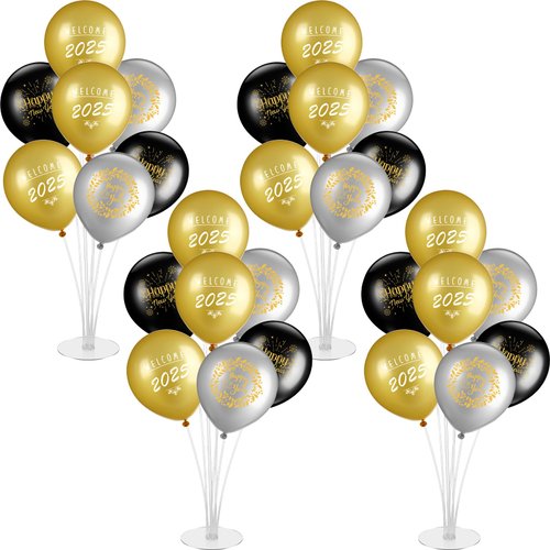 Relaxgiant 4 Set Happy New Year Balloon Stand Kits for Table Centerpieces Latex Table Balloon Holder with Congrats for 2025 Holiday Party Supplies Decoration Celebration(Gold, 10 Inches)
