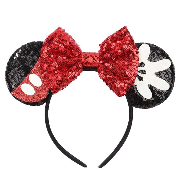 RAZKO Sparkle Black Minnie Ears Headband, Glitter Classic Red Mouse Ears Headband with Bow,Park Ears Headband,Princess Decoration Cosplay Costume for Girls Women (Black-Hand)