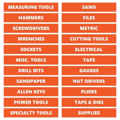 Toolbox Magnetic Labels – Burnt Orange | 0.75”H x 4.5”W Size | 22-Piece Basic Set by DCM Solutions | Tool Drawer Organizer | Bold, Easy-to-Read | Strong Hold Magnets | Made in USA | Garage & Shop Use