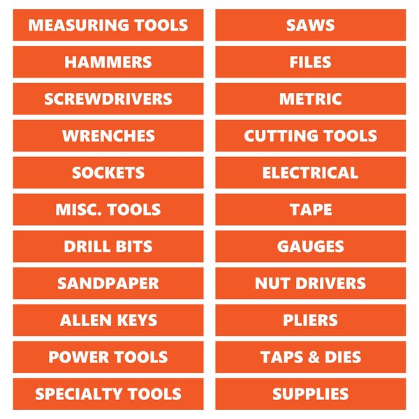 Toolbox Magnetic Labels – Burnt Orange | 0.75”H x 4.5”W Size | 22-Piece Basic Set by DCM Solutions | Tool Drawer Organizer | Bold, Easy-to-Read | Strong Hold Magnets | Made in USA | Garage & Shop Use