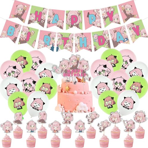 CNEISEJK ANYA Party Decorations Anime Yor Forger Birthday Supplies Includes CupCake Toppers,Cake Toppers,Banner,Balloons,Cartoon Theme Party Favor Pack for Kids (PT-Anya 2403)
