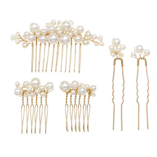 5 PCS Pearl Wedding Hair Combs Bride Pearl Hair Pins Clips Set,Vintage Pearls Set Hair Comb Pins for Brides Bridesmaids Flower Girls (Gold)