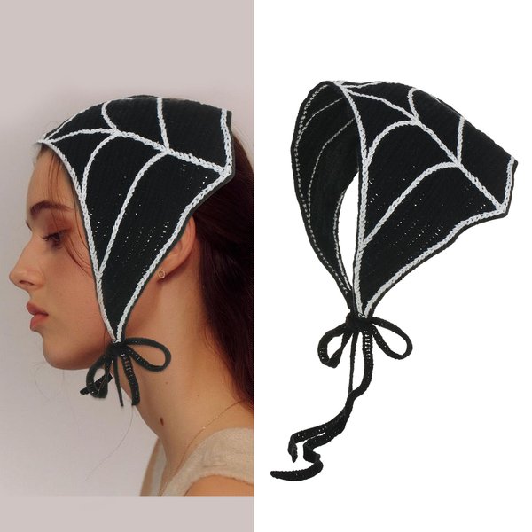 Halloween Headbands for Women Spider Web Crochet Bandana Head Scarf Black Scarf Headband Gothic Hair Bands Halloween Crochet Bandana Scarf Knitted Crochet Headband Halloween Hair Accessories 1Pcs