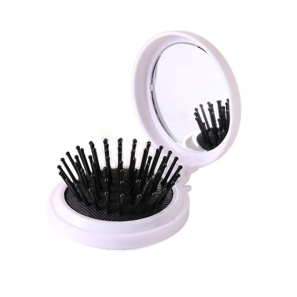 White Folding Hair Brush with Mirror, Round Portable Folding Pocket Hair Brush Mini Hair Massage Comb Travel Size for Men Women and Girls Hair Brushes