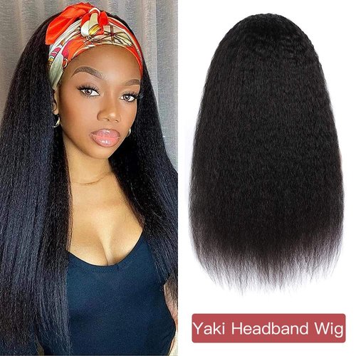 Falswan Kinky Straight Headband Wigs for Women Glueless Synthetic Headband Long Wig Yaki Straight Wigs with Headband Attached 24 Inches Full Machine Made None Lace Front Wigs
