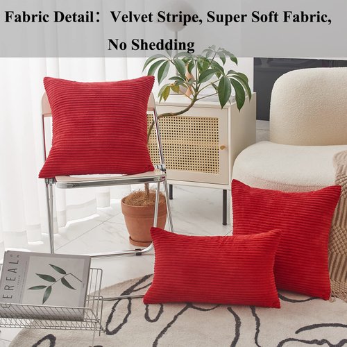 Home Brilliant Red Pillow Covers 18x18 Decorative Striped Velvet Corduroy Plush Throw Pillow Covers for Couch Holiday Wedding Decor, Set of 2, 18 x 18 inch, Red