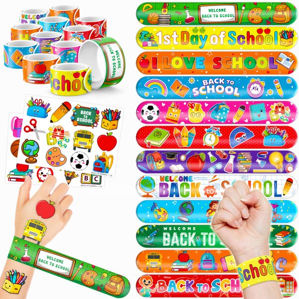 48 Back to school 24PCS Back to school Temporary Tattoos Sticker 24PCS Slap Bracelets Perfect for Themed Birthday Baby Showers or Classroom Rewards Ideal Decor and Gifts for Girls and Boys
