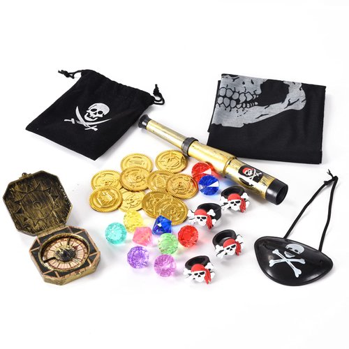 Juephe Kids Pirate Pretend Toys Set,Pirate Treasure Party Favors Set Pirate Skull Ring & Accessories Set Birthday Supplies Decorations