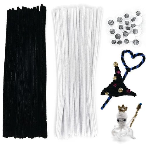 Cldamecy 100 Pcs Black & 100 Pcs White Pipe Cleaners Set with 20 pcs Googly Eyes,Chenille Stems Pipe Cleaners Supplies for DIY Craft Projects and Decorations
