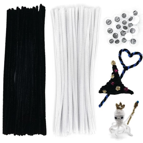 Cldamecy 100 Pcs Black & 100 Pcs White Pipe Cleaners Set with 20 pcs Googly Eyes,Chenille Stems Pipe Cleaners Supplies for DIY Craft Projects and Decorations