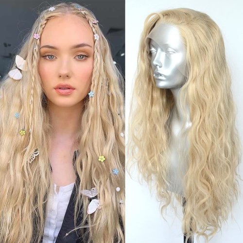 Luwigs Natural Curly Gloden Blonde Glueless Lace Front Wigs for Women Synthetic Lace Front Replacement Wigs for Halloween Cosplay Daily Wear Heat Resistant Fiber Hair with Natural Hairline