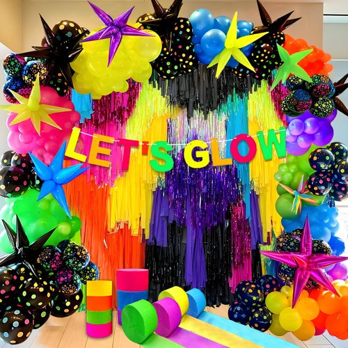 Glow in The Dark Party Decorations, Neon Party Decorations with Let’s Glow Crazy Banner,Neon Balloons Garland,Neon Paper Streamers for Glow in The Dark Birthday Party, Let’s Glow Crazy Party Décor