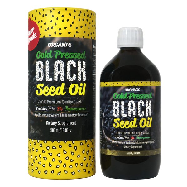 Anor Foods Black Seed Oil 16.9 Fl Oz, Min 3X% Thymoquinone, Cold Pressed, No Pesticides, 100% Organic Nigella Sativa Seed Oil, Non-GMO, Made from Most Recent Harvested Crops, Glass Bottle