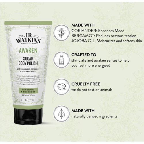 J.R. Watkins Awaken Sugar Body Polish, Rosemary & Rosewood Natural Body Scrub Cleanses, Softens & Stimulates Senses, 6 oz