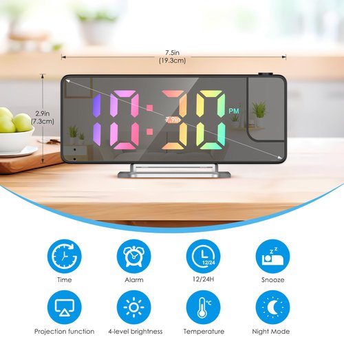 AMIR Projection Alarm Clock for Bedrooms - Digital Clock with 180 Rotatable Projector, 7.9 in Display, 4-Level Brightness, Large Screen, Alarm Clock for Heavy Sleepers, Snooze, 12/24H