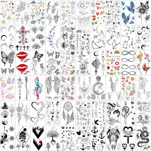 Yazhiji 60 Sheets Tiny Waterproof Temporary Tattoos, Moon Stars Constellations Music Compass Anchor Words Lines Flowers for Kids Adults Men and Women