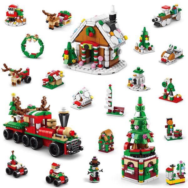 PinkBee Christmas Gingerbread House 2023 Mini Xmas Tree Building Block Set Creative Train 21-in-1 Ornament Toys Kits Micro Bricks for Adults Kids 8-12 6-12 7-9（909 Pcs）
