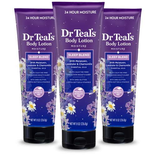 Dr Teal's Sleep Body Lotion, 24-Hour Moisture, with Melatonin, Lavender & Chamomile Essential Oils, 8 fl oz (Pack of 3)(Packaging May Vary)
