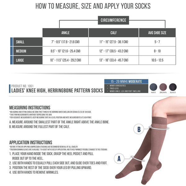TOUCH Compression Socks for Women, 15-20 mmHg, Herringbone, Cotton, 1 Pair, Charcoal, Medium
