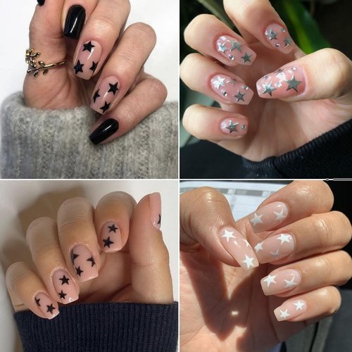 Stars Nail Art Stickers Nail Decals Black White Gold Silver Star Nail Design Sticker 3D Self-Adhesive Star Nail Charm Supplies for Women Girls Acrylic DIY Nail Decoration Accessories 6 Sheets