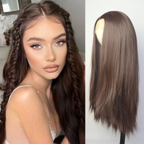 Luwigs Dark Brown Lace Front Wigs Synthetic T Lace Long Straight Chocolate Brown Synthetic Hair Replacement Wigs for Black Women 22 inch Daily Wear Party Cosplay (T-Part Lace, Dark Brown,Straight)