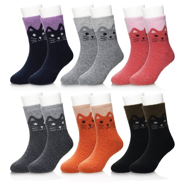 Eocom 6 Pairs Children's Winter Warm Wool Socks Kids Toddlers Boys Girls Thermal Thick Boot Cozy Crew Socks (8-12 Years, Cat)