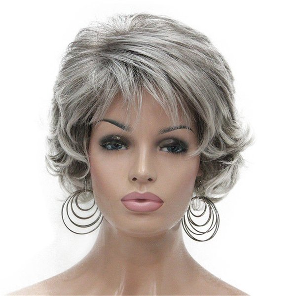 Aimole Short Curly Synthetic Wigs Full Capless Hair Women's Thick Wig for Everyday Light Gray with Dark Root (48T)