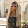 Allbell Long Straight Blonde Wigs with Bangs Ombre Hair Syntehtic Wigs for Women Heat Resistant Fiber