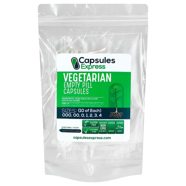 XPRS Nutra Clear Empty Capsules Sample Pack - Ten Each of Sizes 000, 00, 0, 1, 2, 3, 4 - Empty Capsules - Pill Capsule - Vegetarian Vegan Caps DIY Supplement Filling
