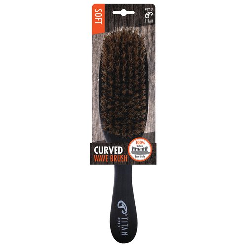 Titan Soft Curved Wave Brush For Men All Hair Textures – 1pc, Natural Boar Bristles Wooden Handle, Wooden Hair Brush