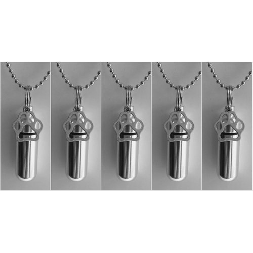 Pasco Specialty Products Pet Lover's Set of Five Silver PAW Cremation URN Necklaces - Made in The USA - Includes 5 Pouches, Ball-Chains & Fill Kit