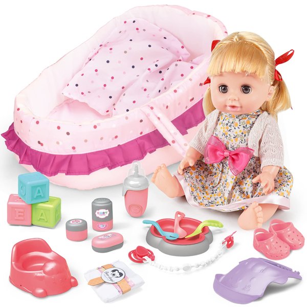 deAO Baby Doll Set,14'' Baby Doll 25 PCS Baby Doll Accessories with Doll Bed and Feeding Accessories, Pretend Play Toys for 3 4 5 6 Girls Kidss, 14 inch Doll Plays Set Gift for Chirstmas Birthday
